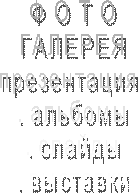 Ф О Т О
ГАЛЕРЕЯ
презентация 
. альбомы
. слайды
. выставки

